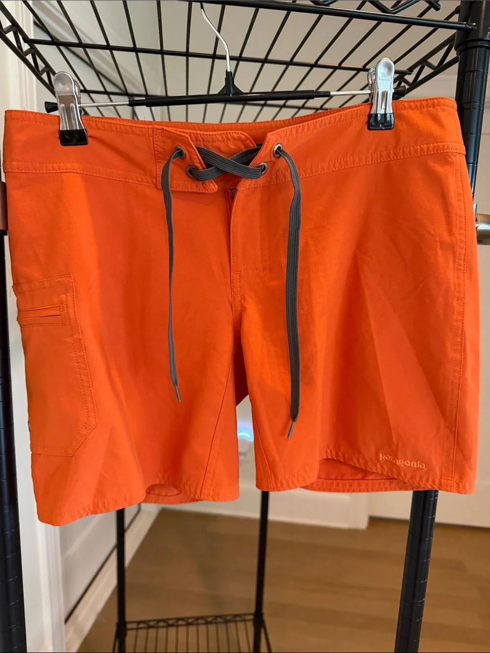 Patagonia Bright Orange Board Shorts with Gray Drawstring